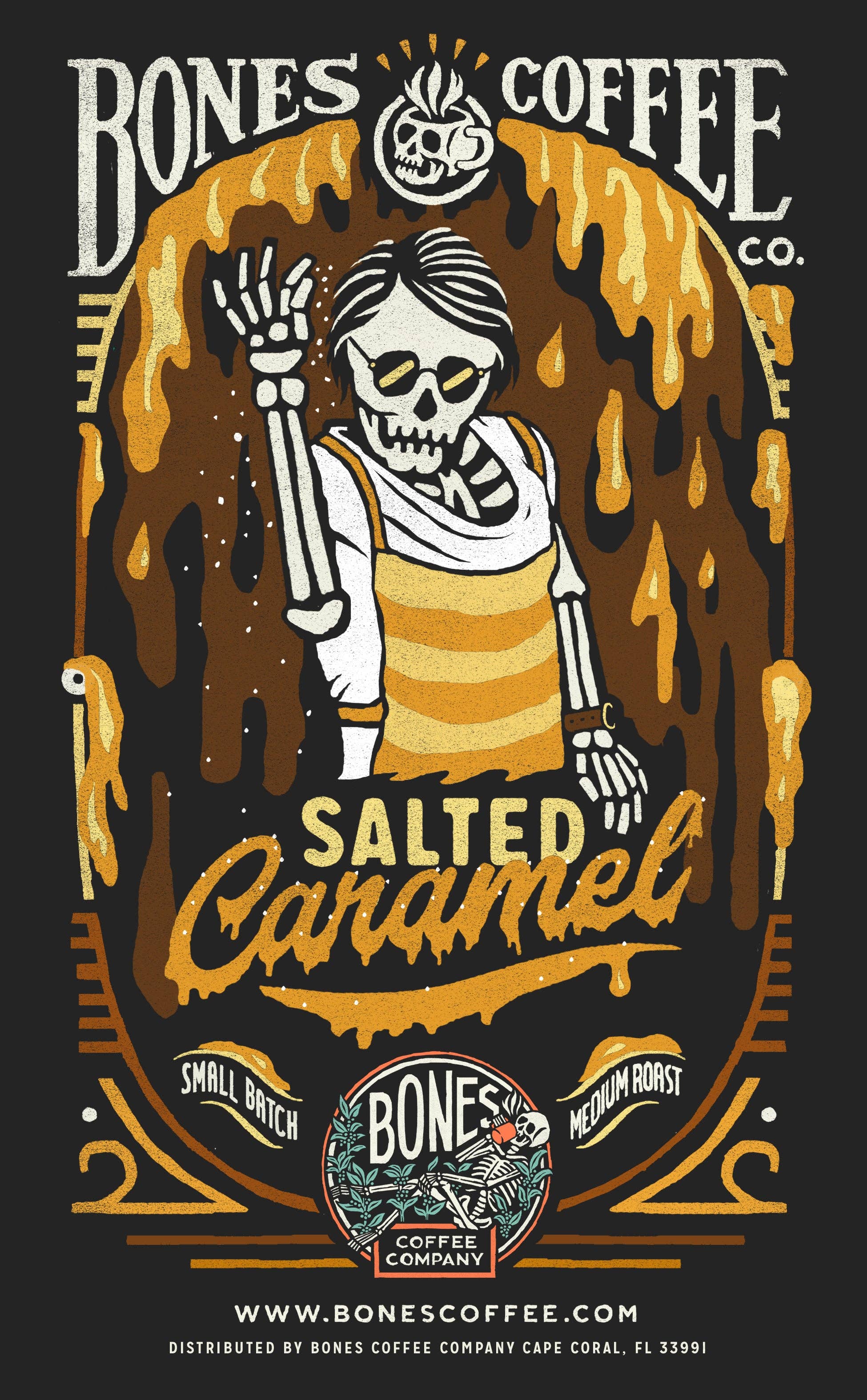 Bones Coffee Co. Salted Caramel coffee packaging with skeleton design on a black background.