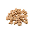 Pile of small brown fish shaped cat treats on a white background